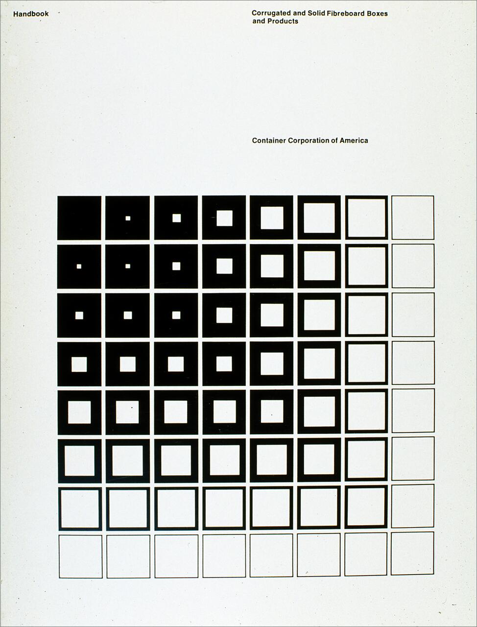 Grid of alternating black and white squares with concentric smaller squares inside, progressively fading to larger white areas. Upper text reads “Handbook Corrugated and Solid Fibreboard Boxes and Products” and “Container Corporation of America.”