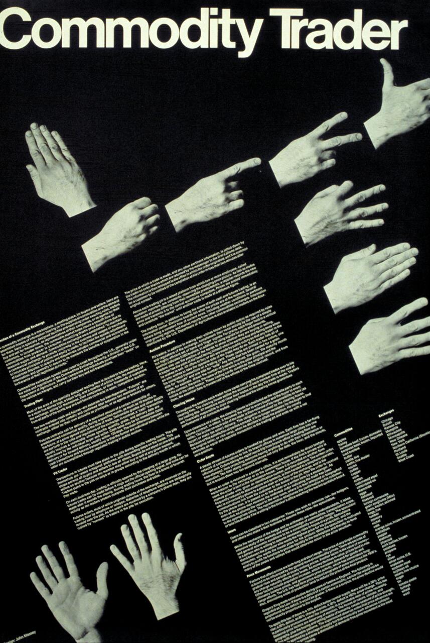 Poster with the title "Commodity Trader" featuring multiple hand gestures in black and white, with extensive text below. The hands show various signs on a dark background, arranged diagonally in a visually striking layout.
