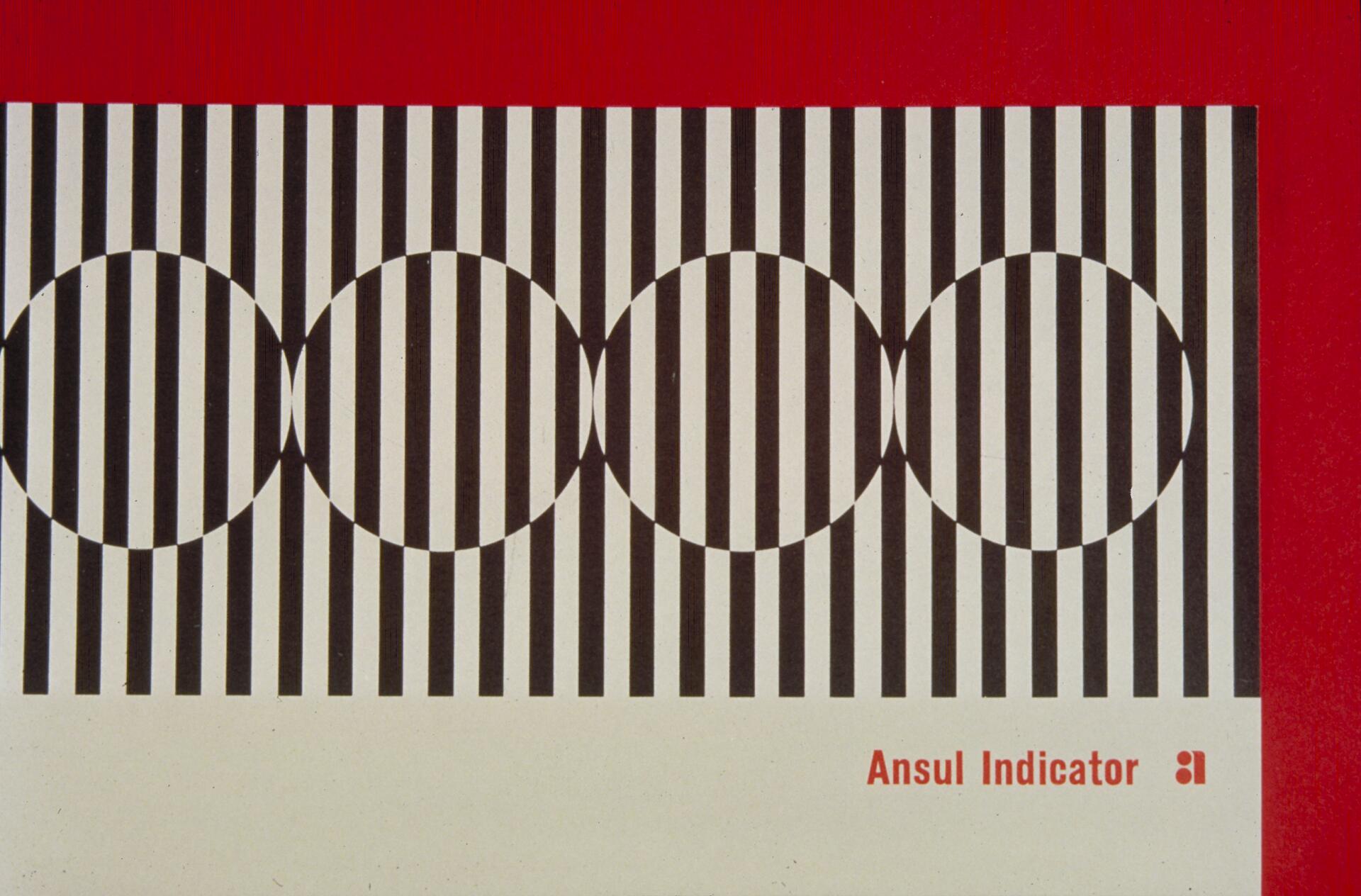 Graphic design with black vertical stripes forming three circles on a white background, set against a red border. The text "Ansul Indicator" is written in red at the bottom corner.