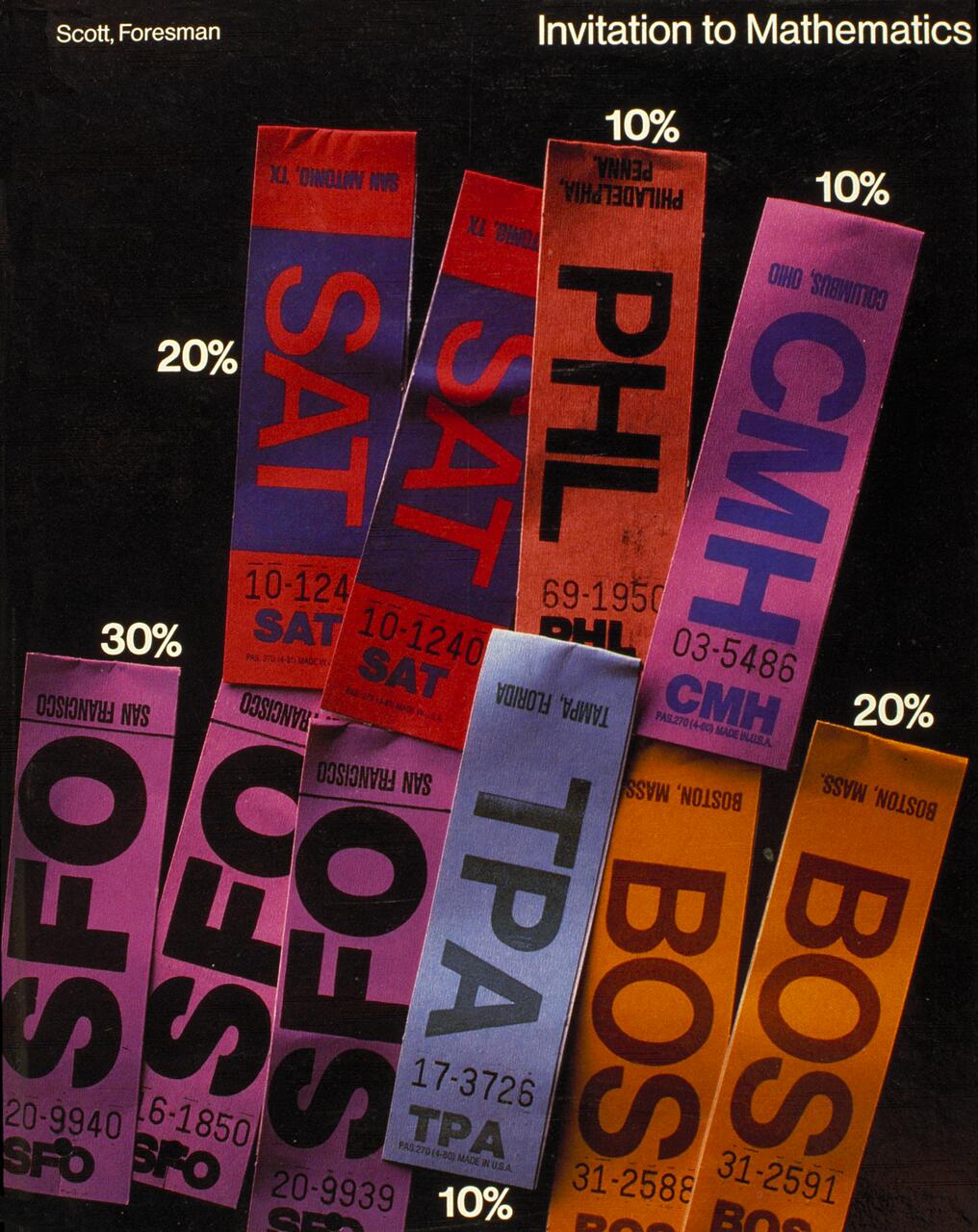 Colorful luggage tags from various airports arranged against a black background, with percentages like 10%, 20%, and 30% written alongside.