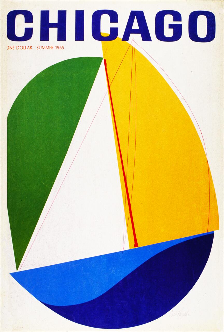 Bold modern art poster with abstract sailboat design featuring green, yellow, blue sails. Text reads "CHICAGO" at the top in large blue letters.