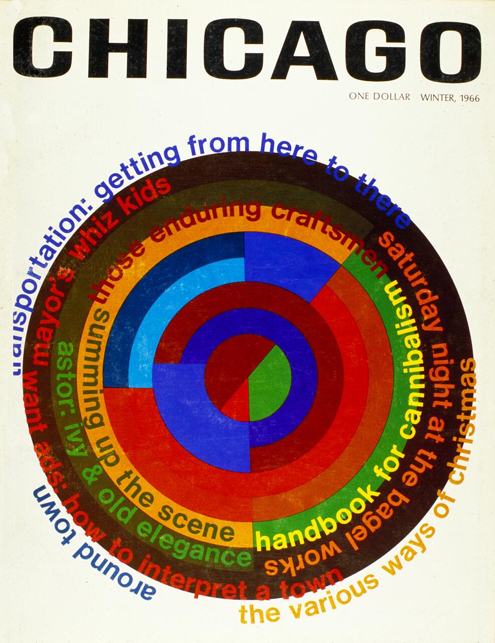 "Chicago" magazine cover, Winter 1966, features a vibrant circular graphic with colorful concentric rings and text around it, set against a white background.