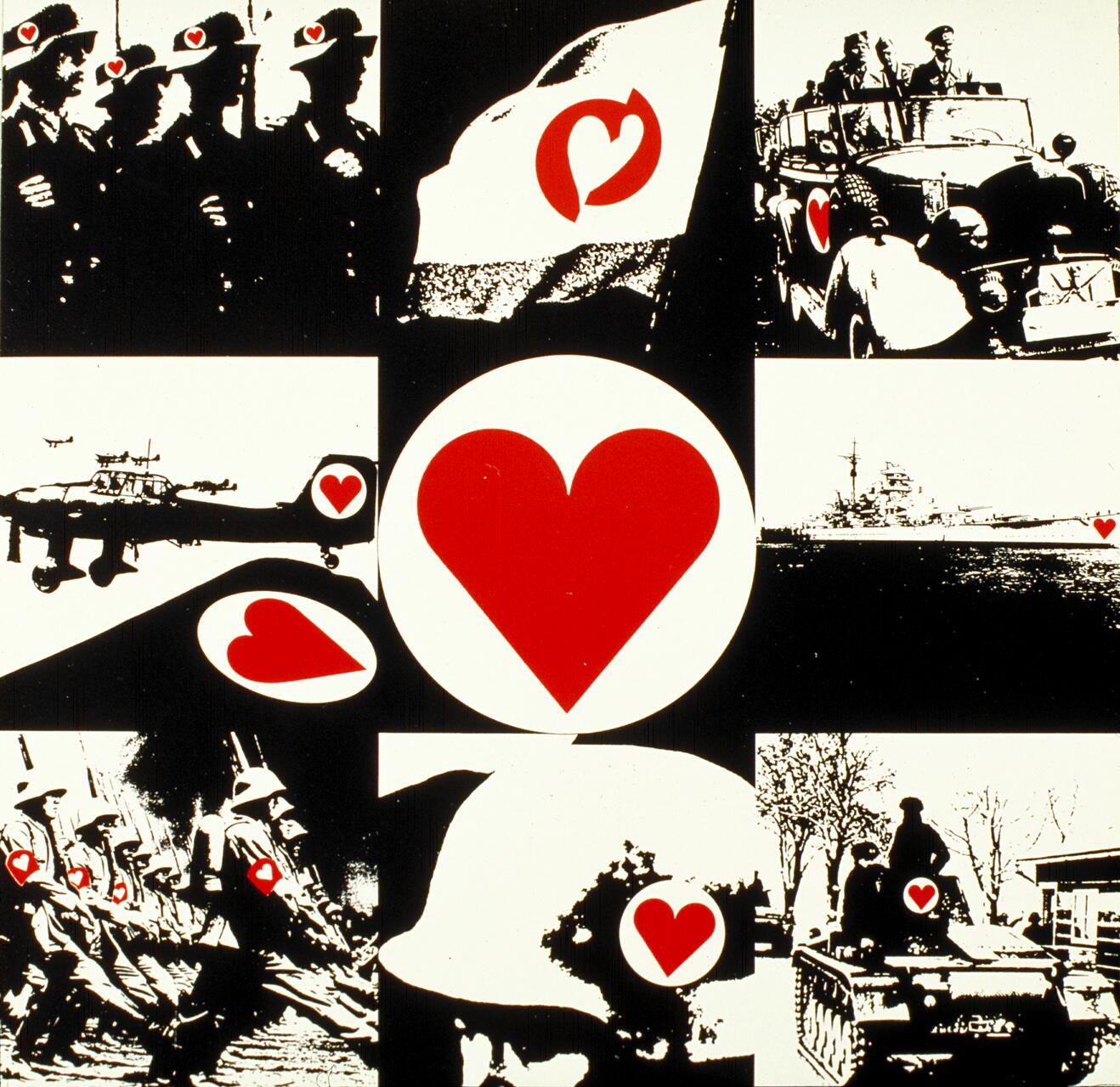 Nine-panel collage with black-and-white war images, each overlaid with bold red heart symbols. Includes soldiers, planes, ships, vehicles, and a large central heart.