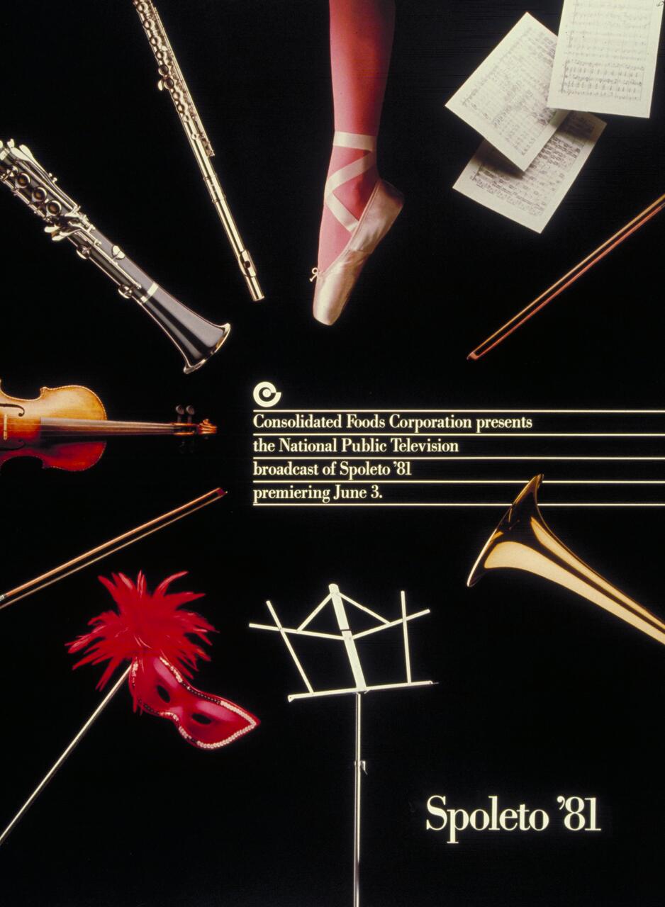 Ballet shoe, musical instruments, mask, and sheet music arranged in a circular pattern on a black background, with text about the National Public Television broadcast of Spoleto '81.