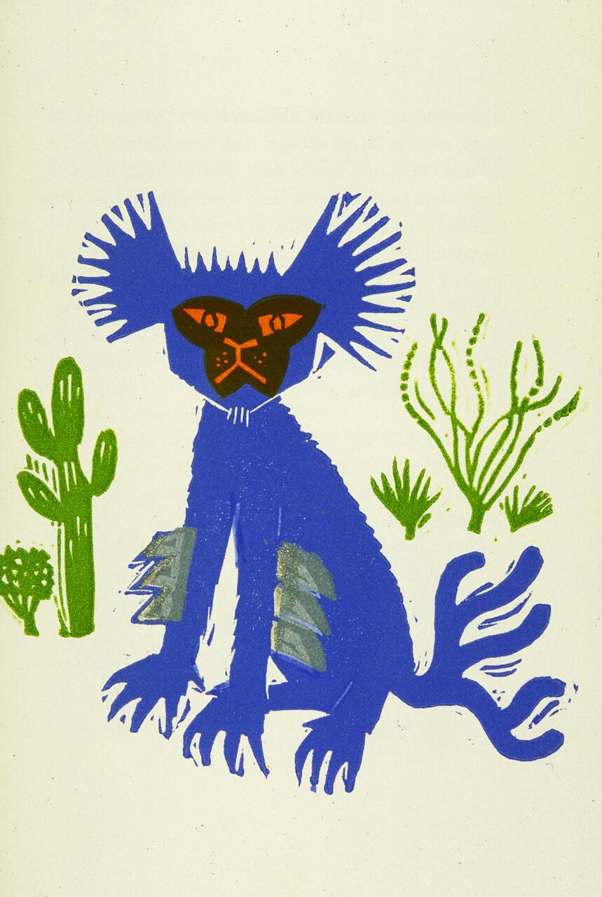 A colorful illustration of a stylized blue cat with large ears and striking red eyes, sitting among green desert plants, including cacti and foliage, on a light background.