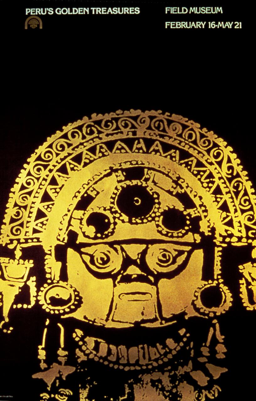 Golden decorative art piece with intricate designs resembling a face, adorned with patterns and circular motifs, set against a black background.
