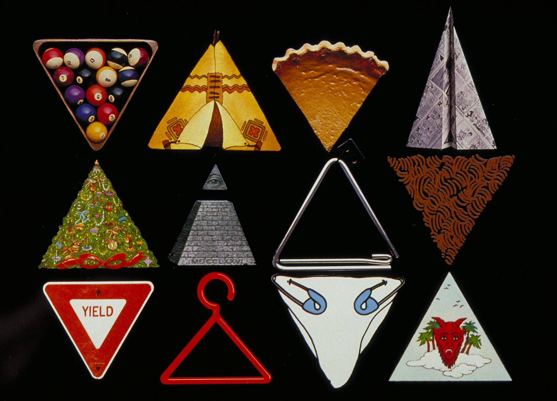 Various triangular objects including billiard balls, a teepee, pie, a paper plane, Christmas tree, pyramids, a yield sign, a clothes hanger, a bikini, and a red face with horns, all on a black background.