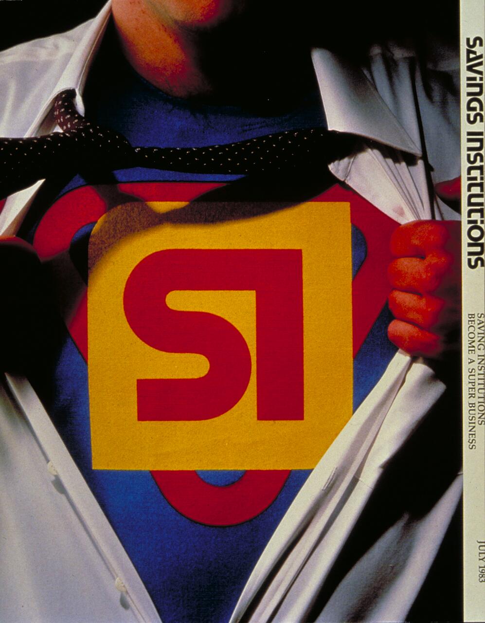 Person pulling open a white shirt to reveal a blue suit with a red and yellow emblem, resembling a superhero costume.