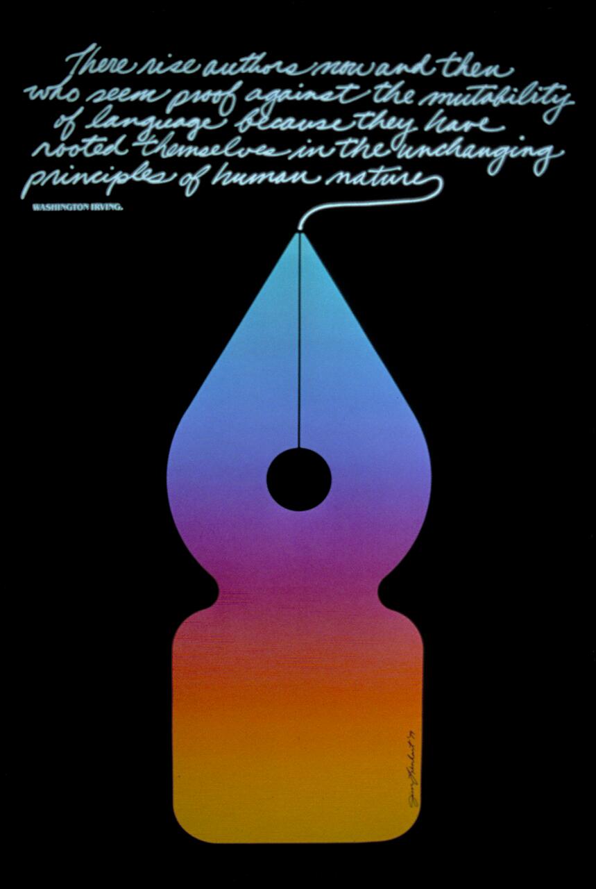 A pen nib graphic with a gradient of blue, purple, and orange on a black background. Handwritten text in English and a signature appear above and below the nib shape, respectively.