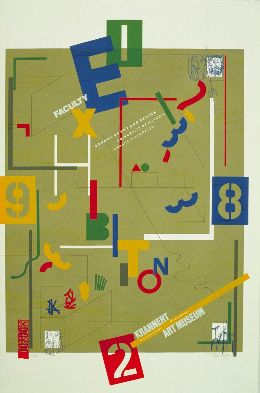 Colorful abstract poster featuring geometric shapes, various letters, and numbers on a textured background. A mix of primary colors and text elements are scattered throughout, creating an eclectic design.