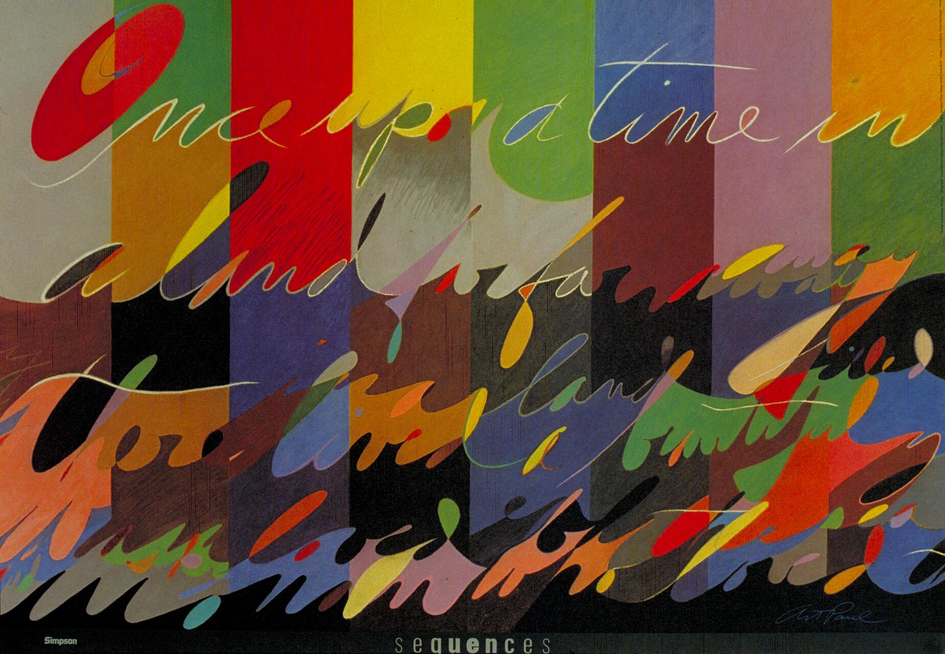 Abstract graphic with vertical colored stripes and flowing cursive text in various pastel shades overlaying the background.