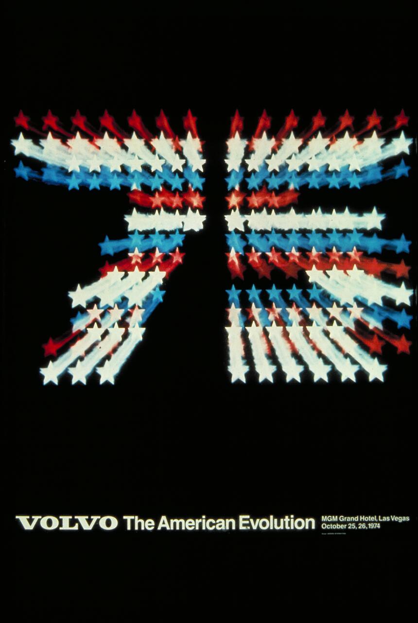 Colorful starburst pattern with red, white, and blue stars arranged symmetrically against a black background. Below, the text reads "VOLVO The American Evolution" alongside event details for the MGM Grand Hotel, Las Vegas, October 25-26, 1974.
