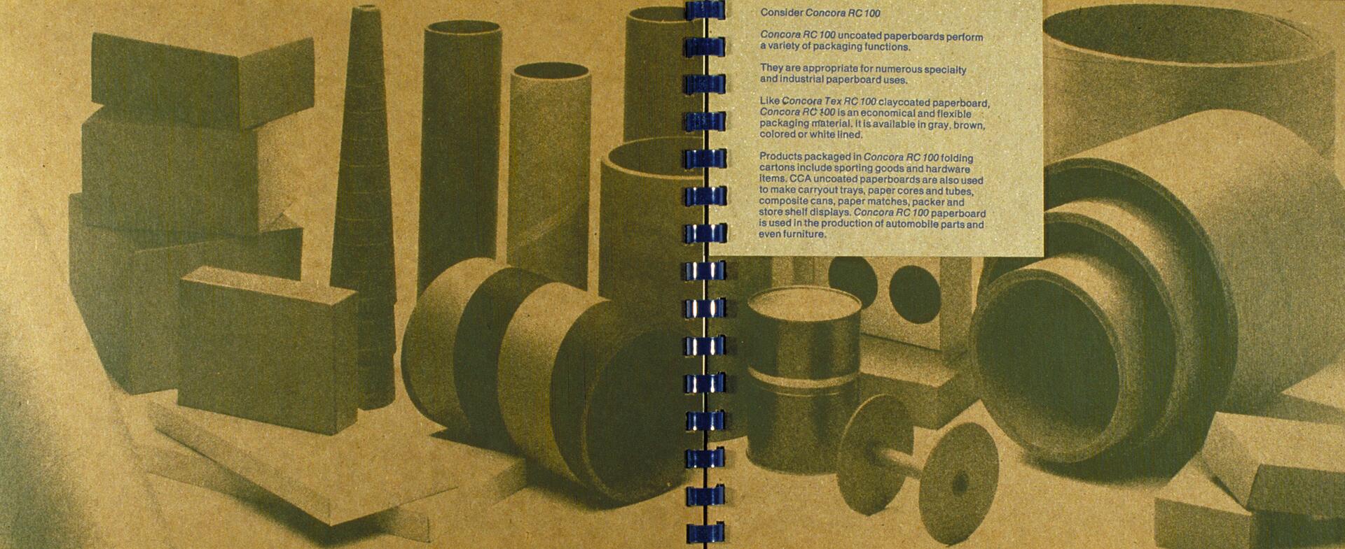 Brown paperboard with spiral binding, featuring various cylindrical and rectangular shapes alongside typed text on the right side.