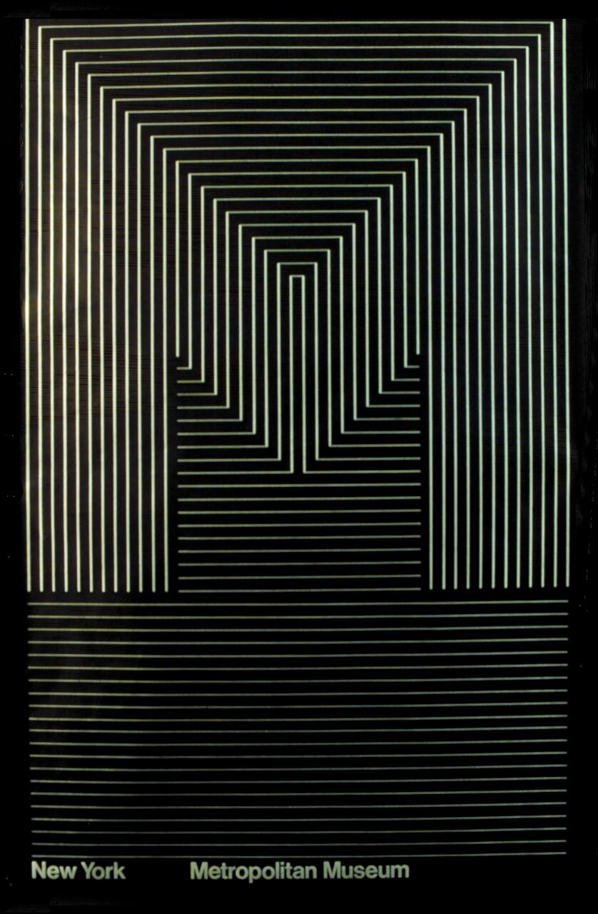 Black and white geometric graphic with intricate line patterns forming a maze-like design. The lines create a sense of depth and symmetry against a dark background. Text at the bottom reads "New York Metropolitan Museum."