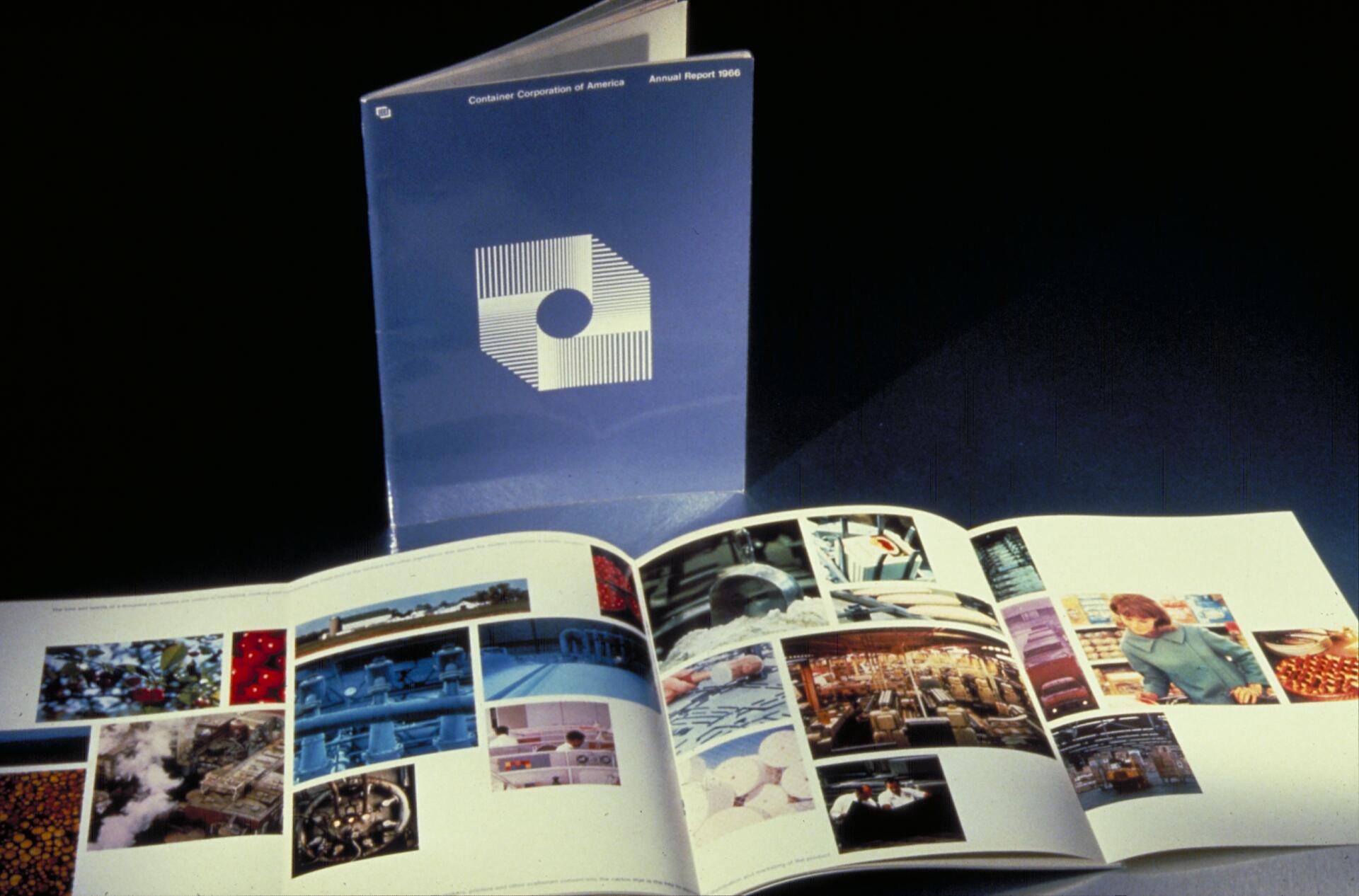 Annual report with a blue cover featuring a geometric logo, standing upright. An open spread below shows colorful photographs of industrial scenes and a woman shopping, set against a dark background.
