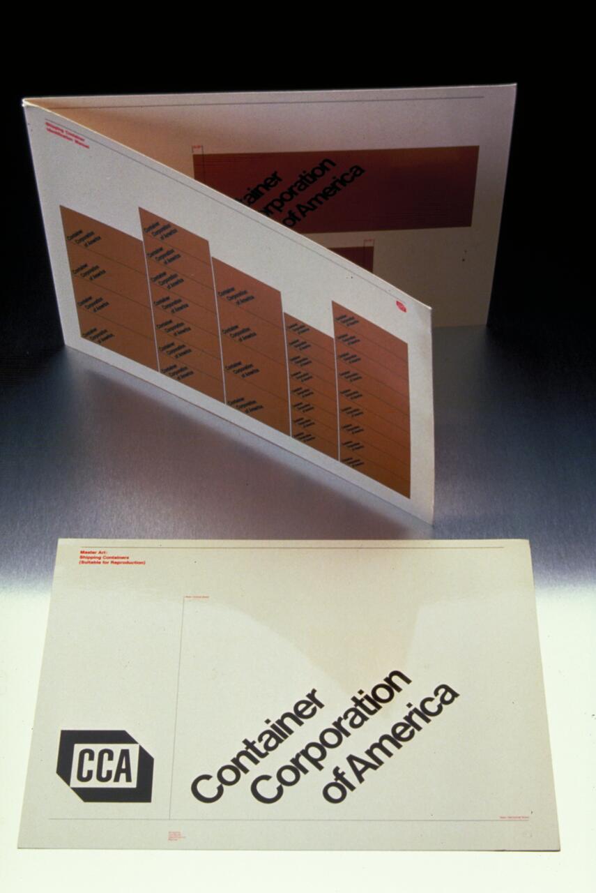 Brochure for Container Corporation of America, featuring a grid design with brown sections and text inside. The company's logo and name are prominently displayed on the front cover.