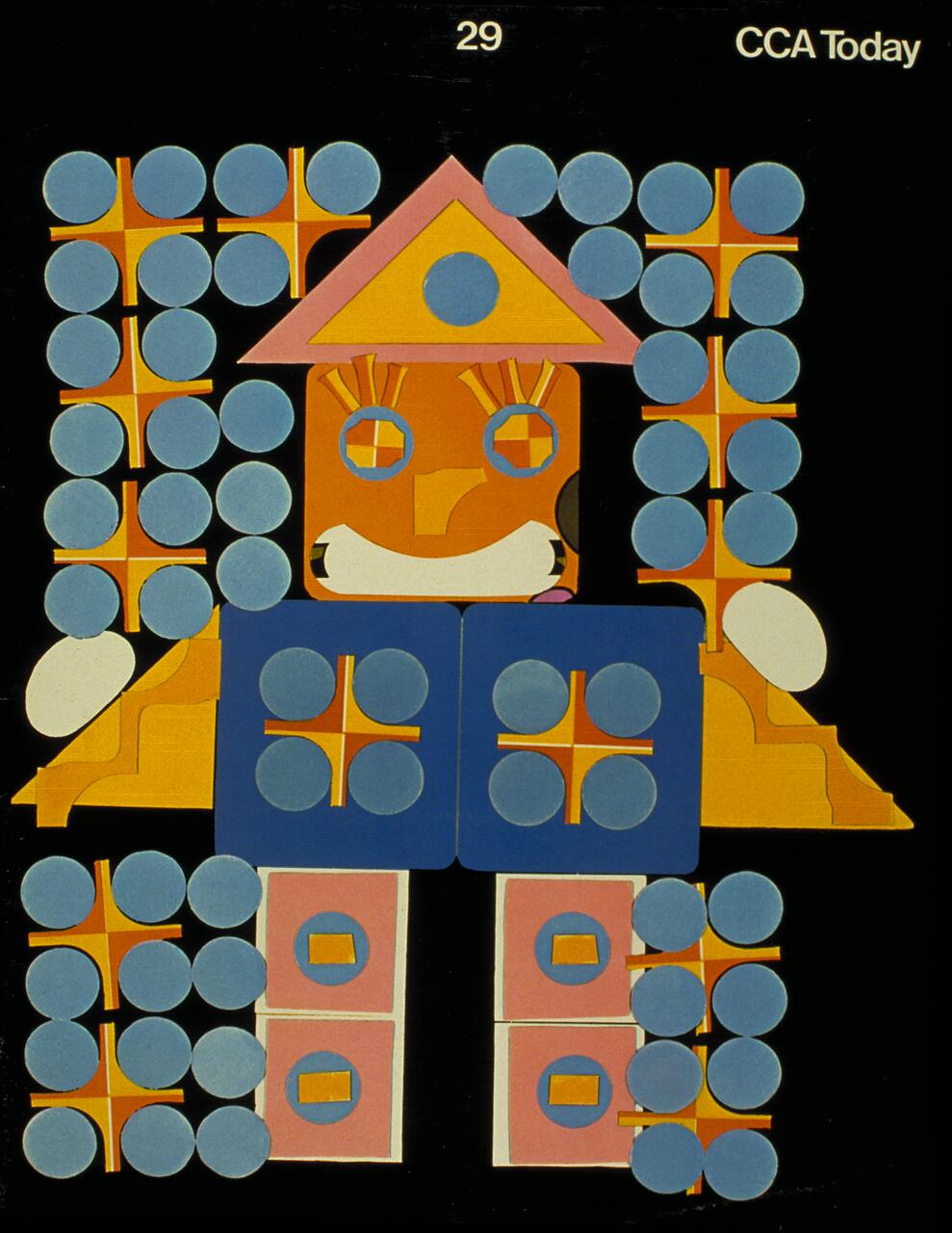 Colorful abstract graphic of a figure made from circular and square shapes in blue, pink, and orange, resembling a person with a triangular hat, against a black background.