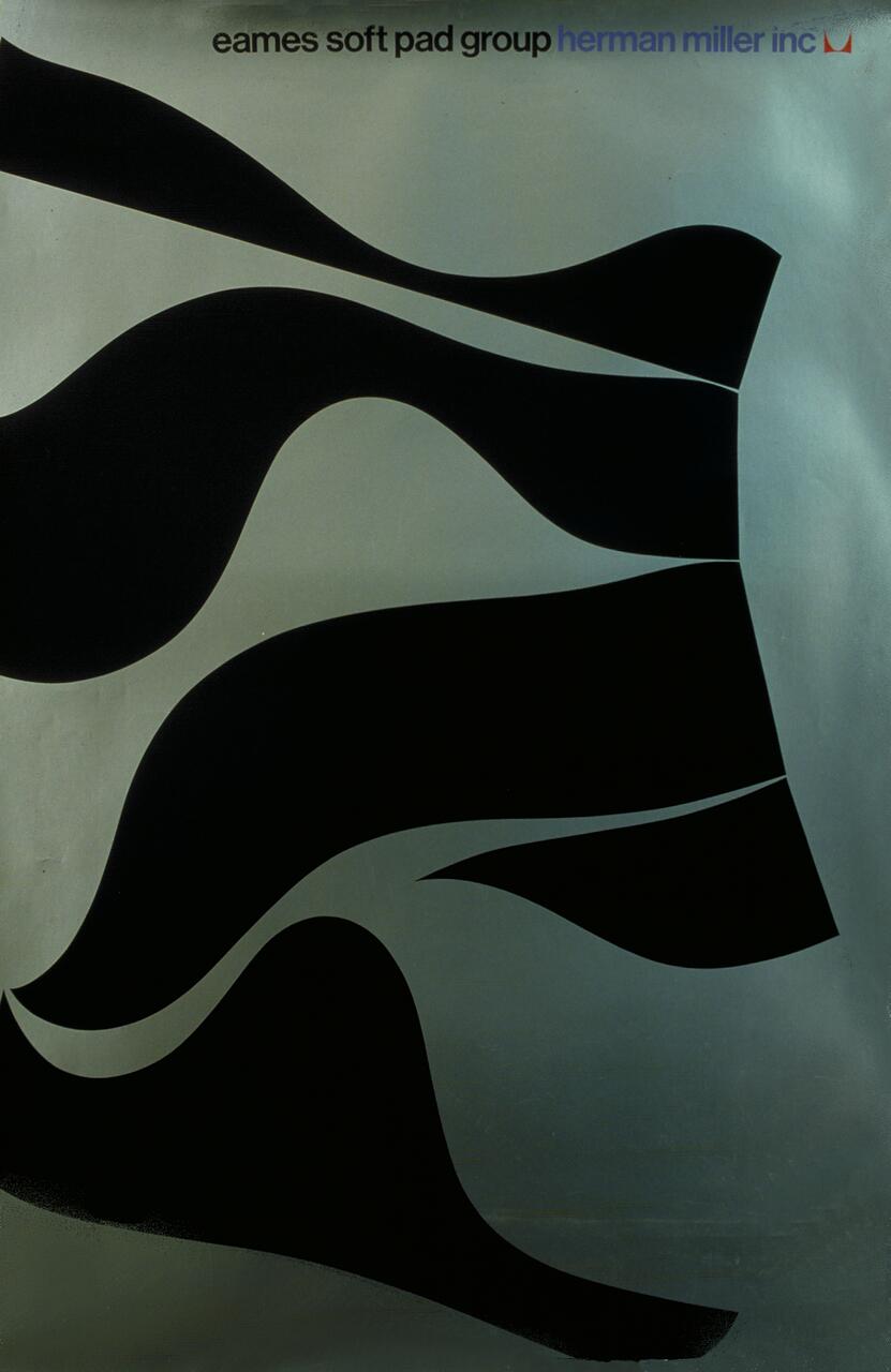 Abstract graphic with flowing black shapes on a pale blue-gray background, resembling modern art design.