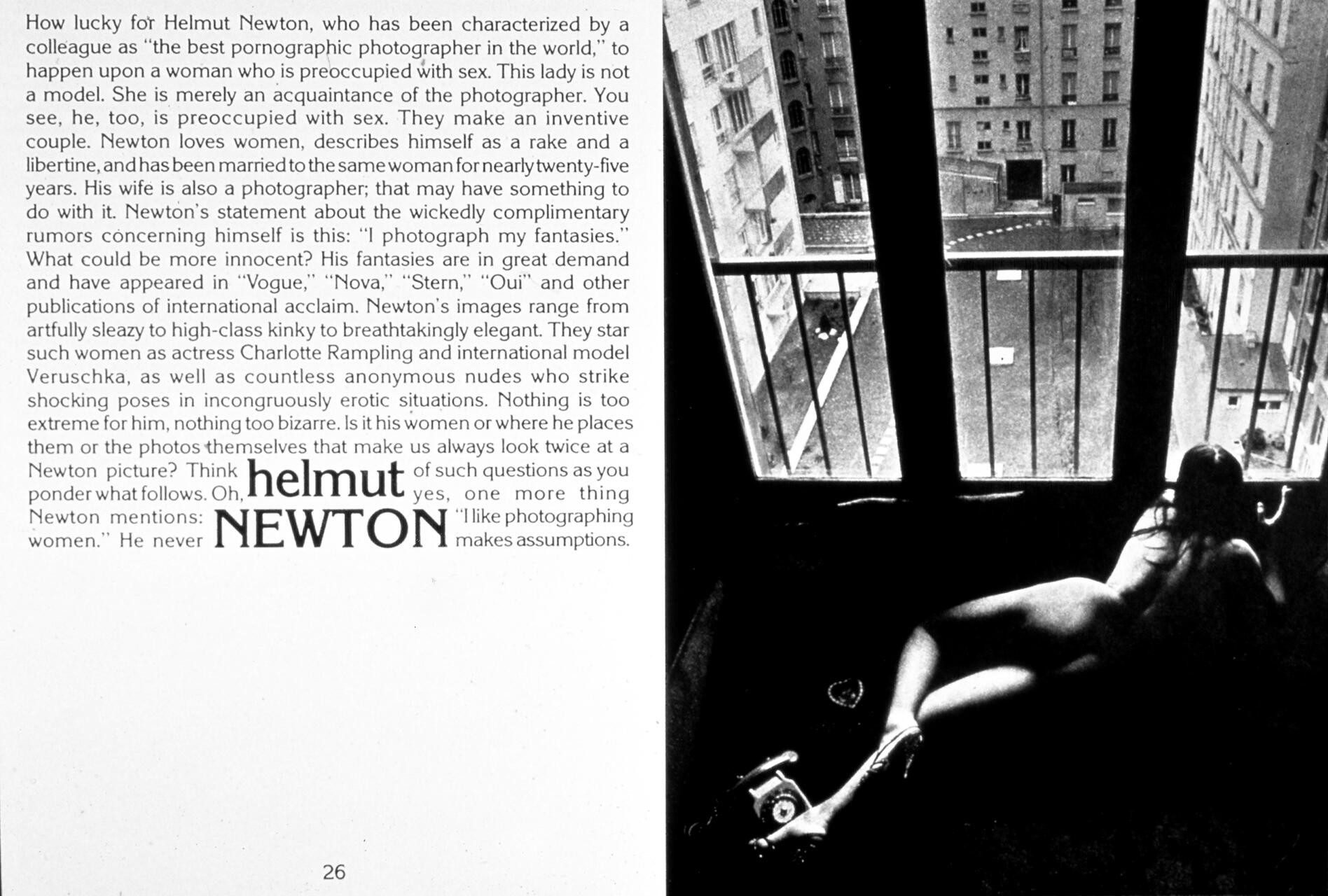 Black and white photograph of a nude woman lying on her stomach, looking out a window onto a city street. There is text on the left about Helmut Newton's photography.