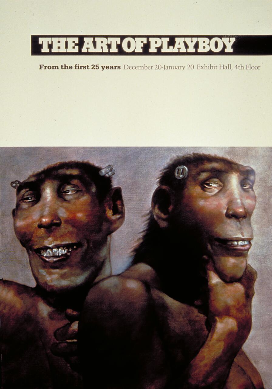 Two surreal, humanoid figures with exaggerated features, one smiling with shiny teeth, the other resting its chin on its hand. Both have bolts on their heads, set against a textured background.