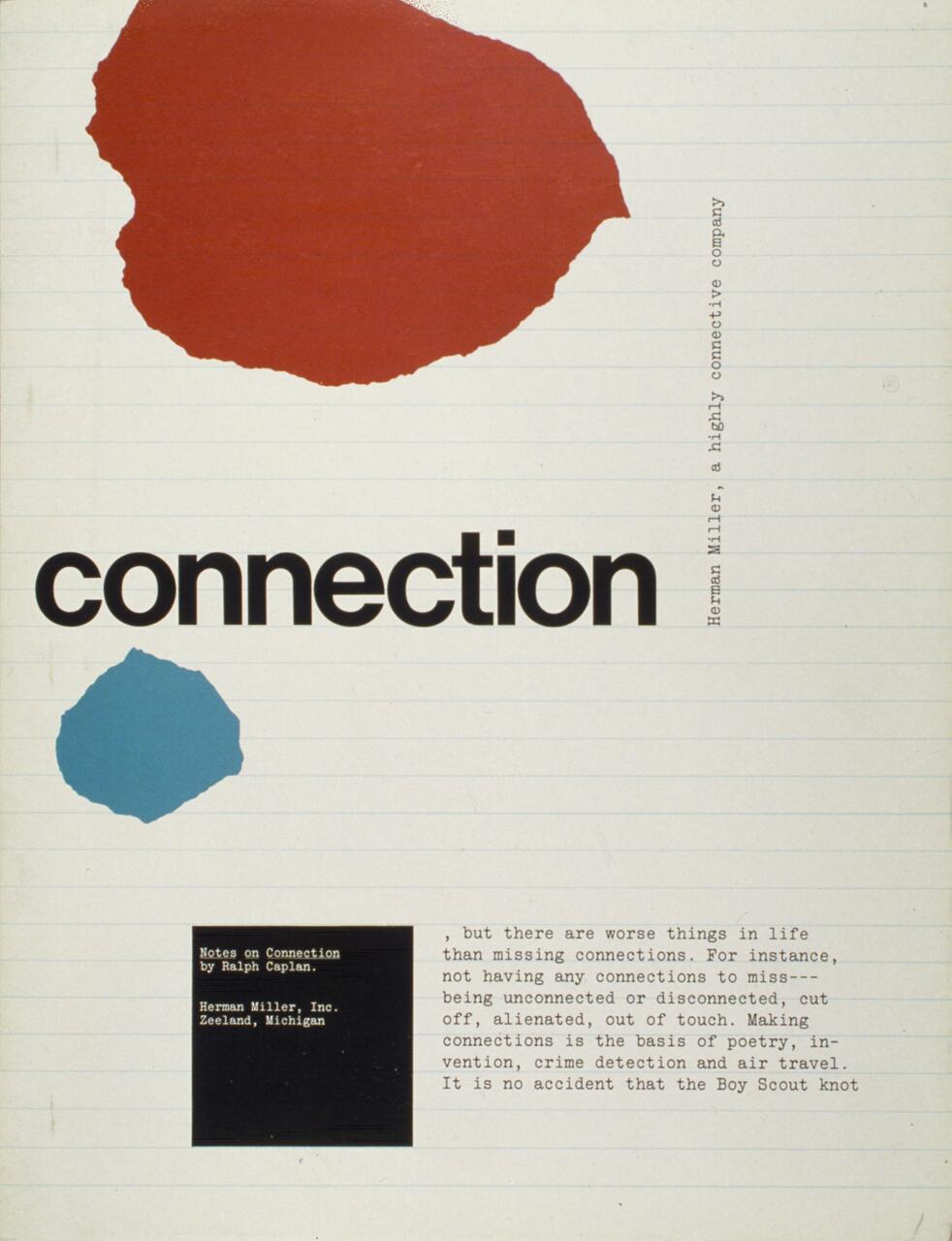 Text graphic with "connection" in large black font, red blob above, teal shape below, and smaller text on a lined background discussing connections.