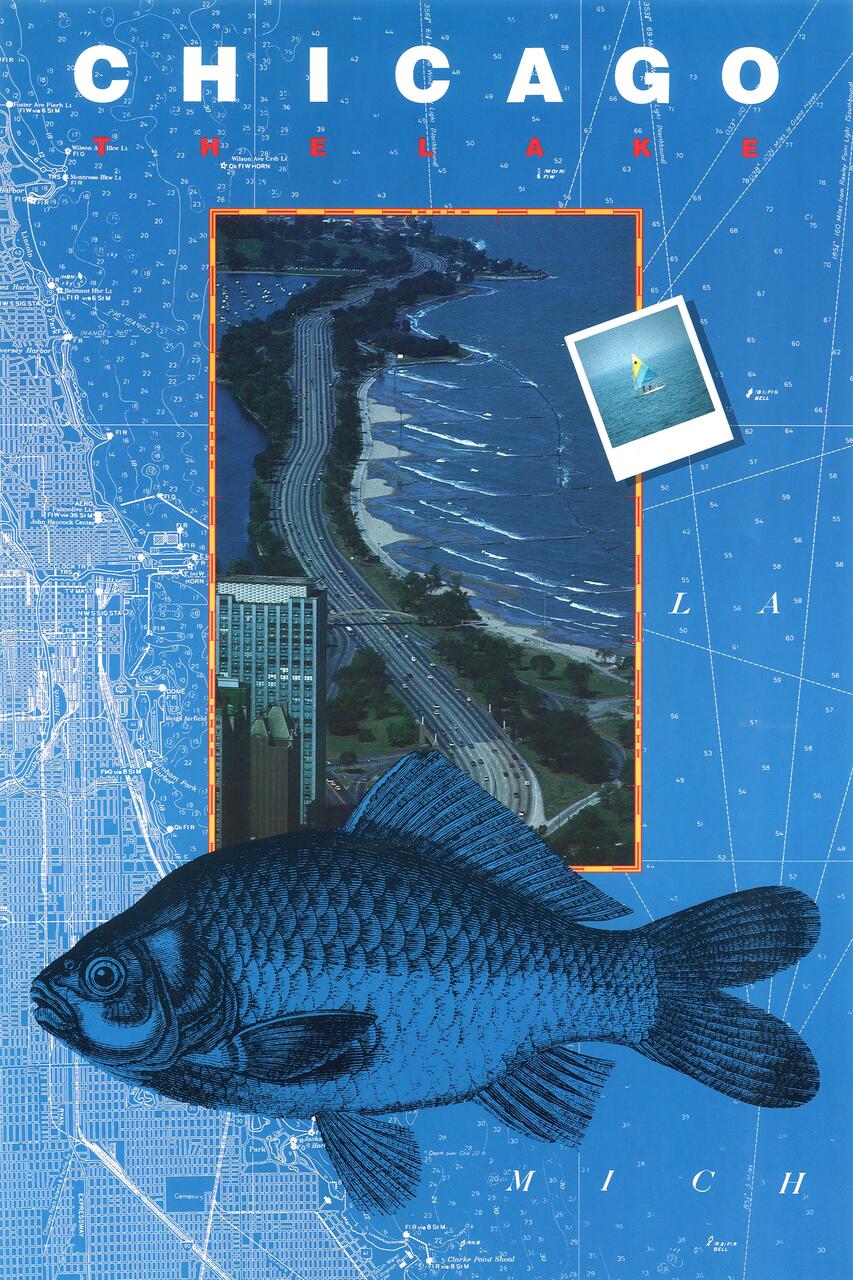 Chicago-themed artwork with a large fish covering a map. There's an aerial photo showing a highway and beach, and a Polaroid featuring a sailboat. The background features a blue-toned city map.