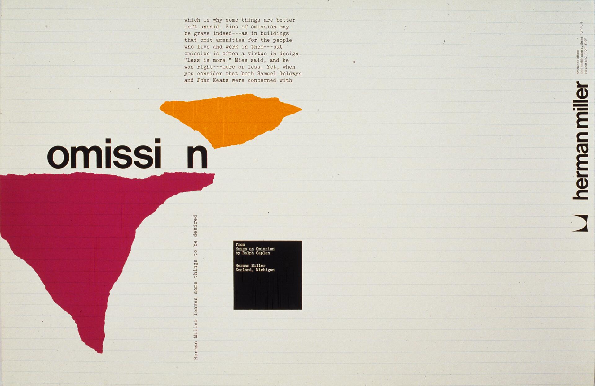Graphic featuring abstract shapes in orange and pink, with the word "omission" missing an "o." Includes typed text and the Herman Miller logo on the right.