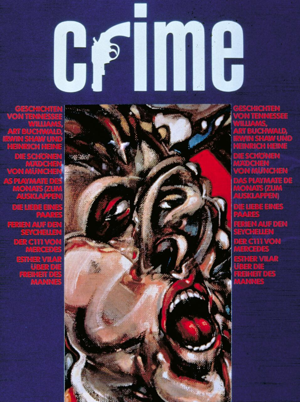 Stylized illustrated faces intertwined in a chaotic, vivid manner below the bold white "crime" text on a dark blue background.