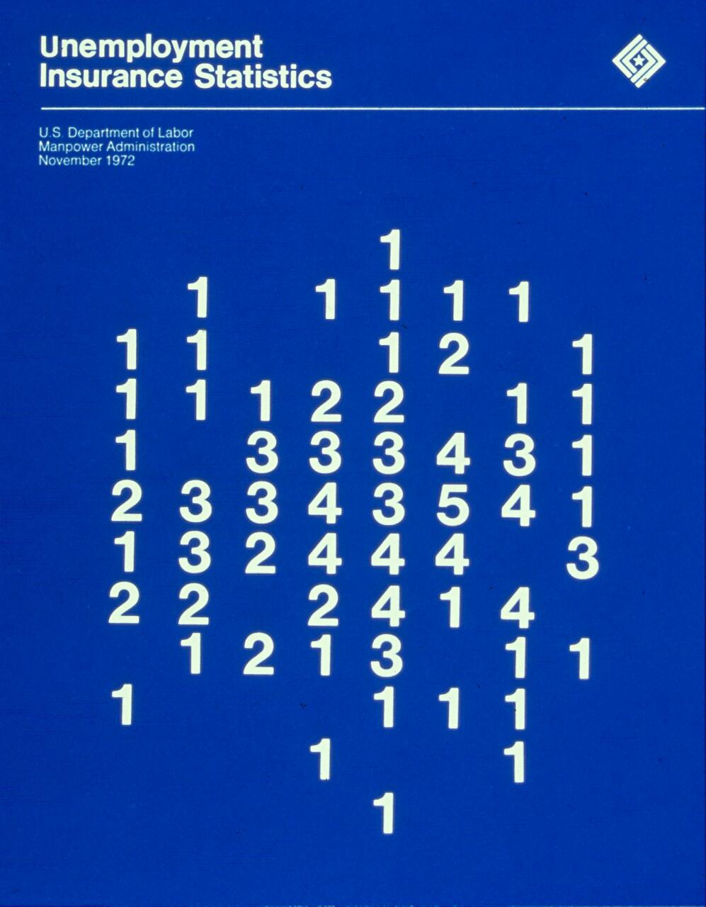 Blue cover design for a report titled "Unemployment Insurance Statistics" featuring a pattern of white numbers arranged in a pyramid shape. A small logo is in the top right corner.