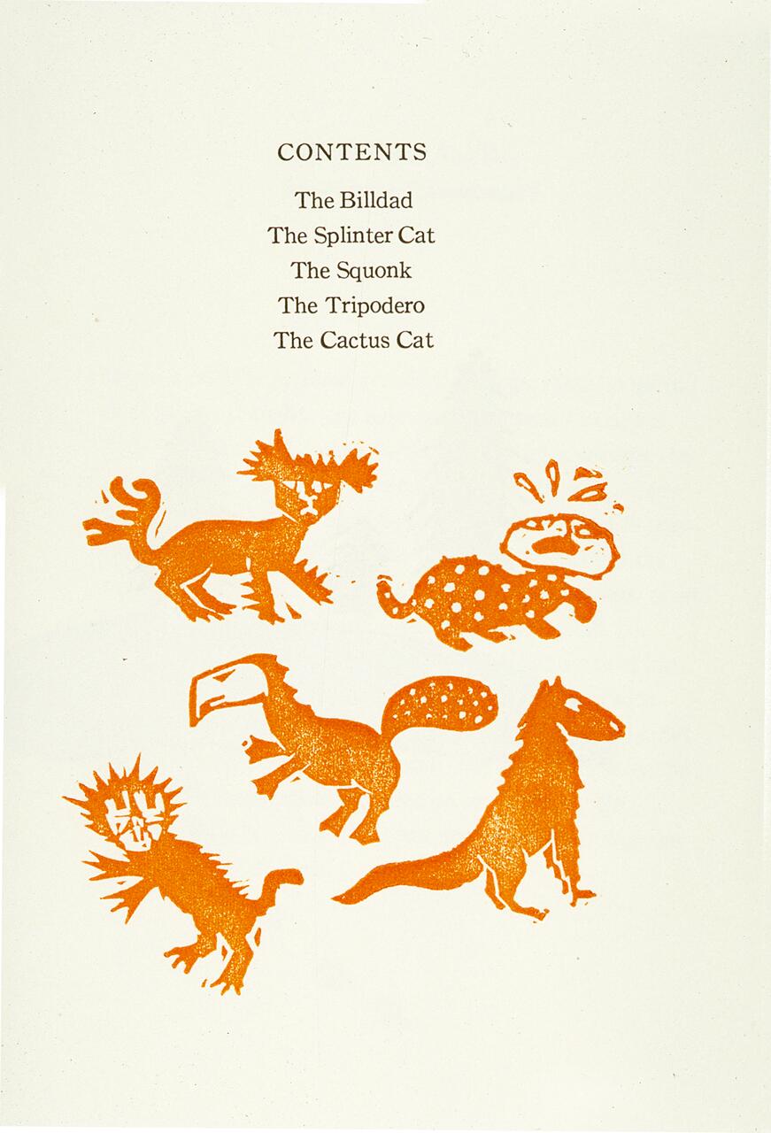 Orange illustrations of whimsical, mythical creatures on a white background. The top half lists names: The Billdad, The Splinter Cat, The Squonk, The Tripodero, The Cactus Cat. The creatures have distinctive, imaginative features.