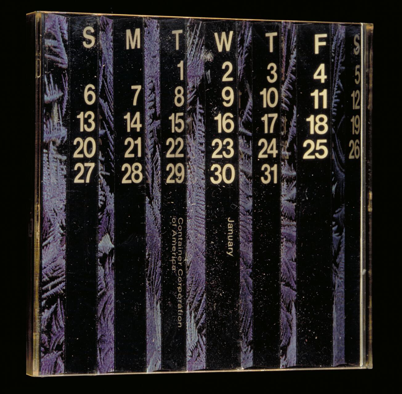 Black calendar page for January with white numbers and letters, featuring vertical purple frost patterns as background design.