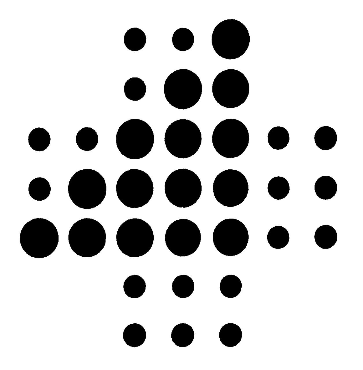 A black cross made of various sizes of circles arranged symmetrically on a white background.