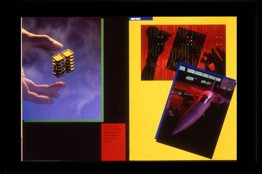 Hands holding a small, gold cube-like object on the left with a purple background. To the right, a collage with a yellow background featuring abstract images, including silhouettes and a purple object in a cockpit setting.