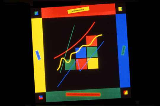 Abstract graphic with colorful lines and squares. Red, yellow, blue, and green lines intersect over a black background, framed by bold red and blue borders with corner accents.