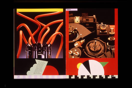 Colorful abstract graphic with intertwined orange tubes on the left and mechanical components on the right. A geometric pattern with bold shapes and colors is featured at the bottom.