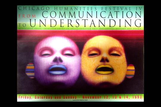 Two stylized human faces, one pink and one yellow, with closed eyes and dark lips against a dark background. Text above and below highlights the Chicago Humanities Festival IV, with dates in November 1993.
