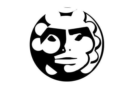 Black and white geometric face design within a circular shape, featuring abstract facial features such as eyes, nose, and lips, with contrasting areas creating a stylized expression.