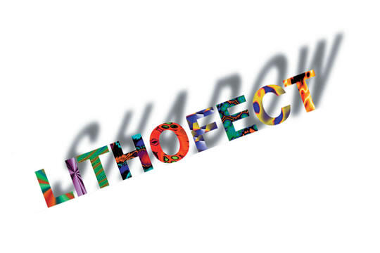 Stylized text "LITHOFECT" with colorful patterns, casting a shadow that spells "SHADOW" against a white background.