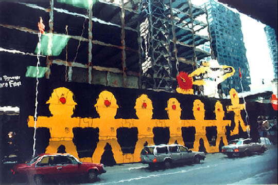 Yellow figures with red noses painted on a black wall at a construction site in an urban area, with cars parked in front.