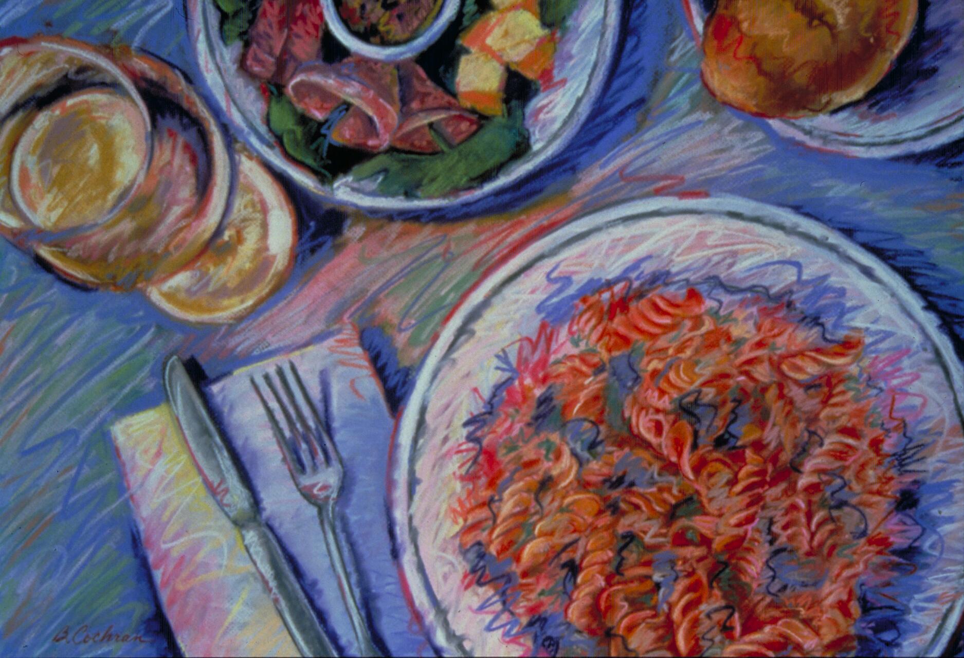 Abstract pastel illustration of a dining table with a plate of red pasta, a dish with assorted foods, a sliced loaf of bread, and a blue napkin with a fork and knife. The background is a swirl of blue and pink hues.