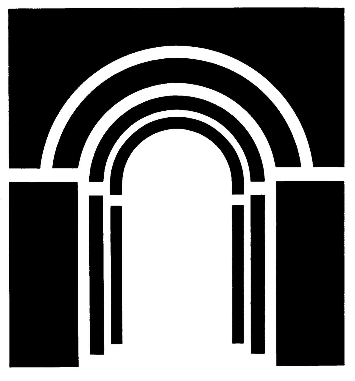 Black and white graphic of an arched doorway with three concentric arches, framed by two black rectangles on either side.