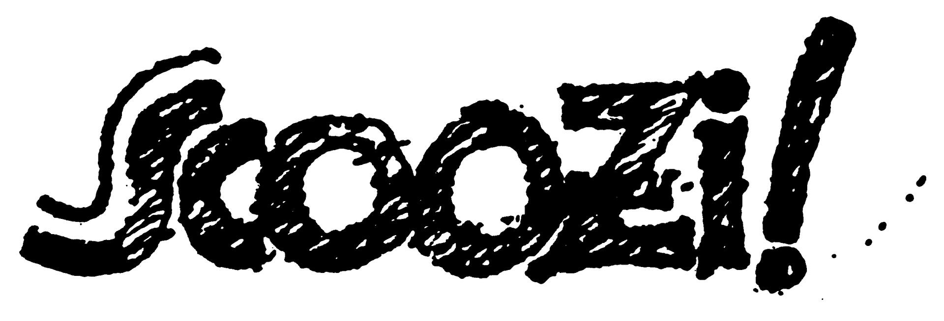 Hand-drawn style text saying "Skoozi!" with textured, bold letters and an exclamation mark.