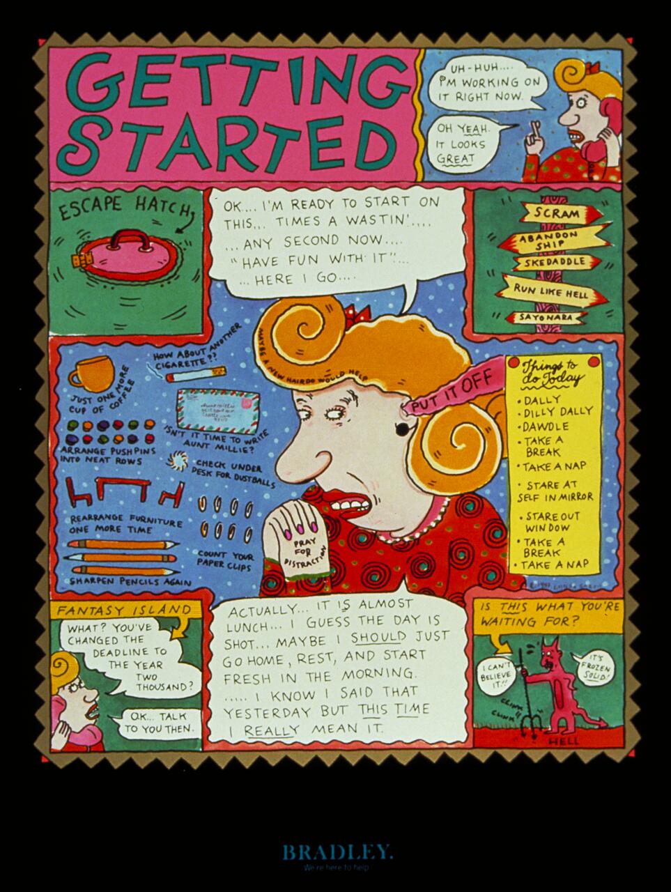 Colorful cartoon with a person overwhelmed by distractions while trying to start a task. Various humorous and procrastination-related thoughts and items surround them, like a coffee cup, escape hatch, and a to-do list. The setting suggests tackling procrastination.