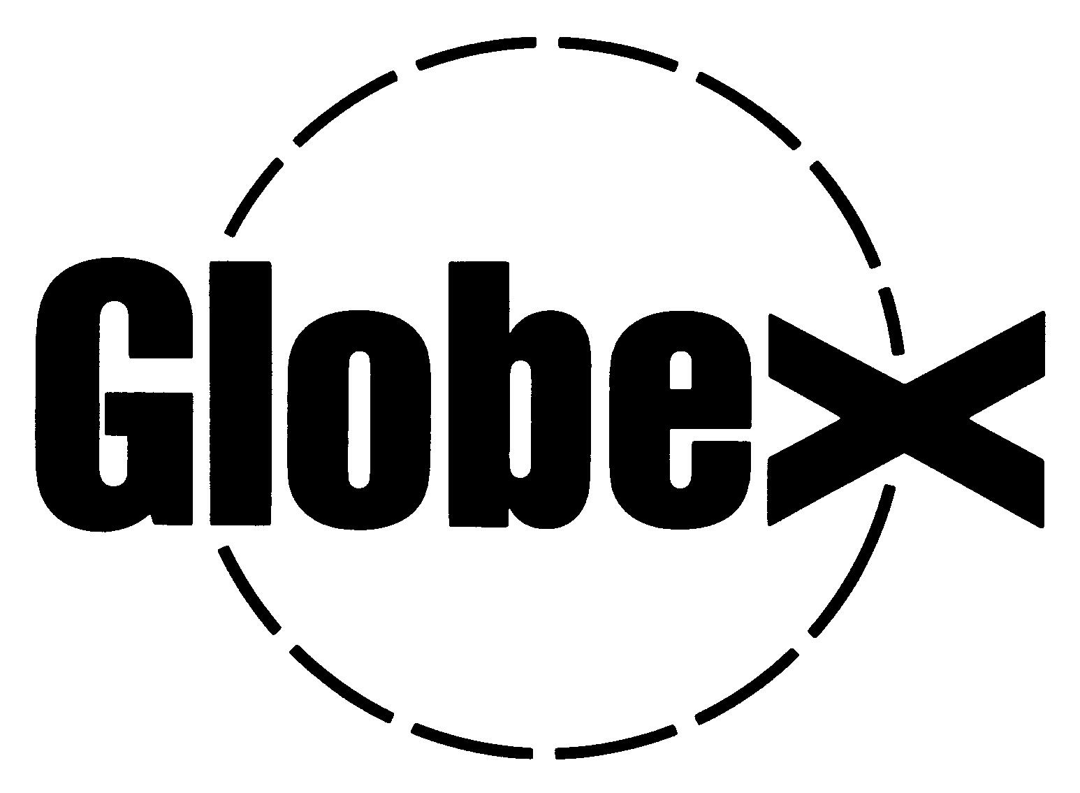 "Globex" logo with bold black letters and an abstract X design, encircled partially by a dashed line.