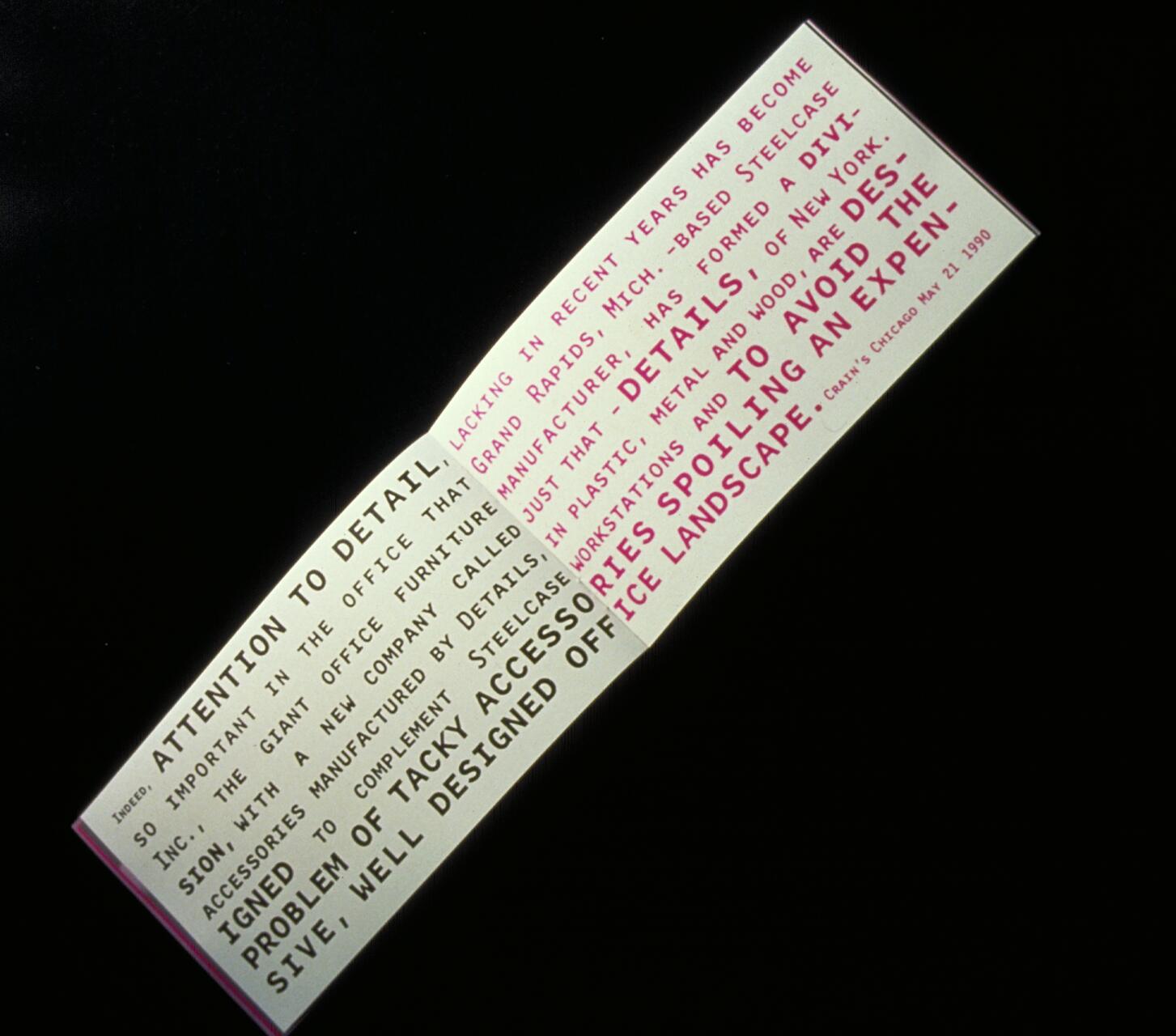 Text on a slanted white card with red and black letters, discussing office design details, attention to detail, and avoiding tacky accessories. The card is set against a black background.