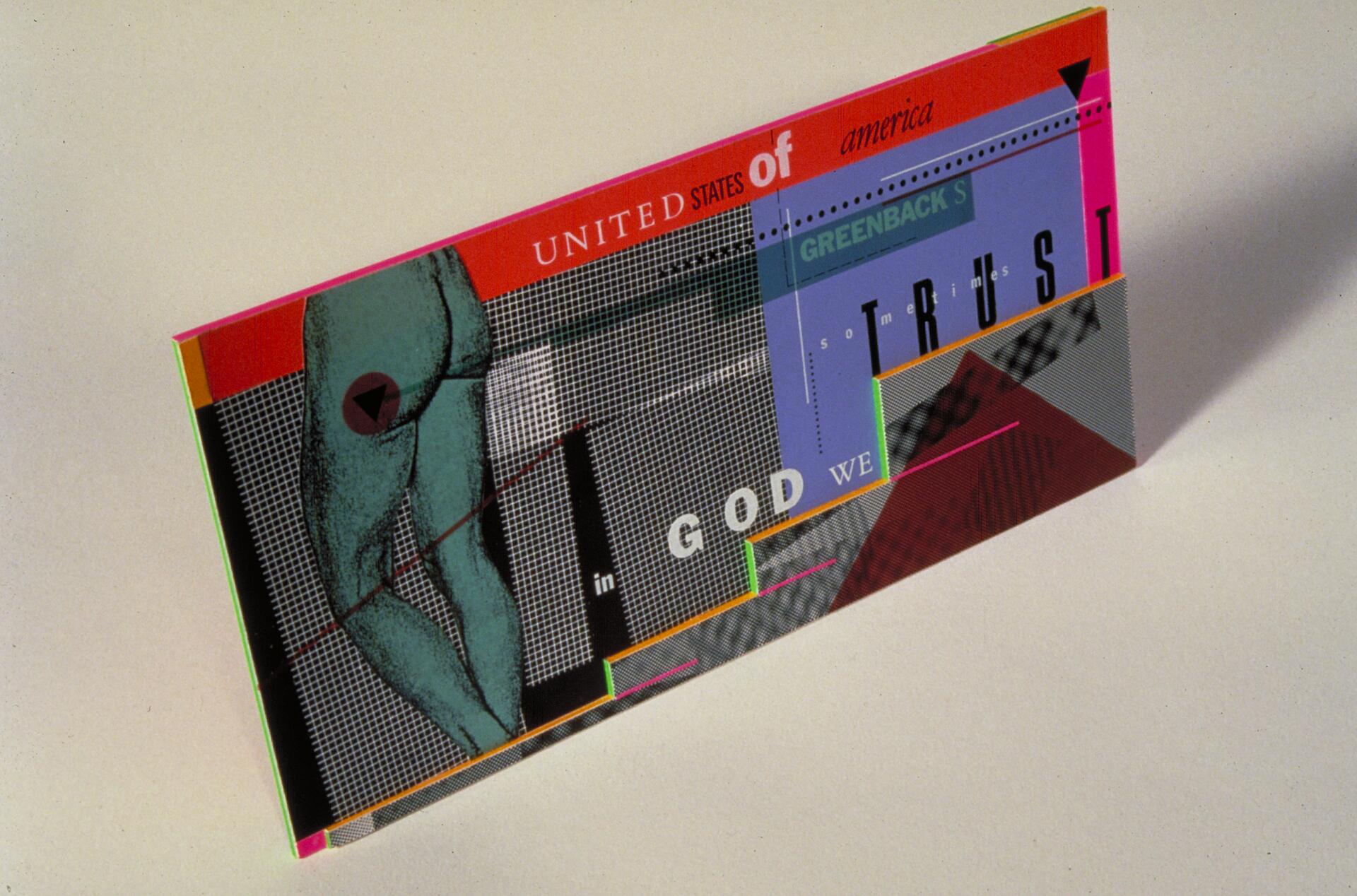 Colorful abstract graphic design featuring a mix of text, geometric shapes, and a stylized figure on a grid background. Bright reds, blues, and greens enhance the visual impact.