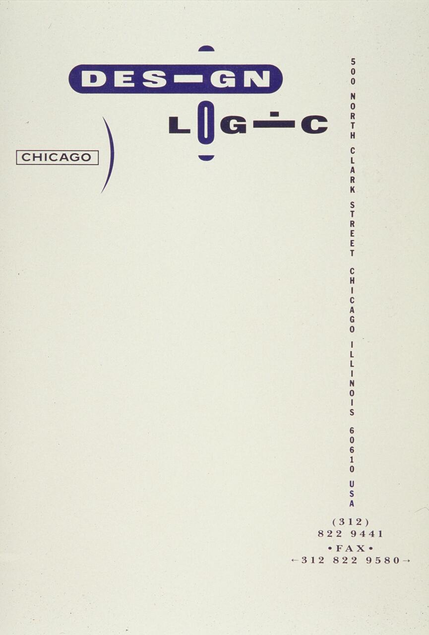 Graphic design business card with blue, stylized lettering spelling "Design Logic." Includes address, "500 North Clark Street, Chicago, Illinois 60610 USA," and contact details, printed vertically on a white background.