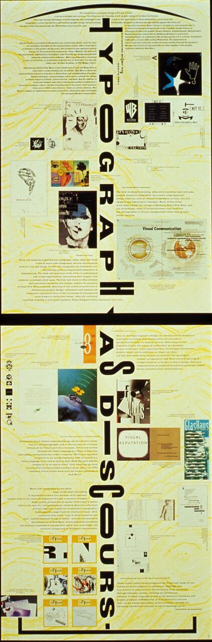 Collage of various typography designs, logos, and graphics arranged vertically with the word "Typography" in large letters, set against a yellow marbled background. The design features overlapping text, images, and visual elements.