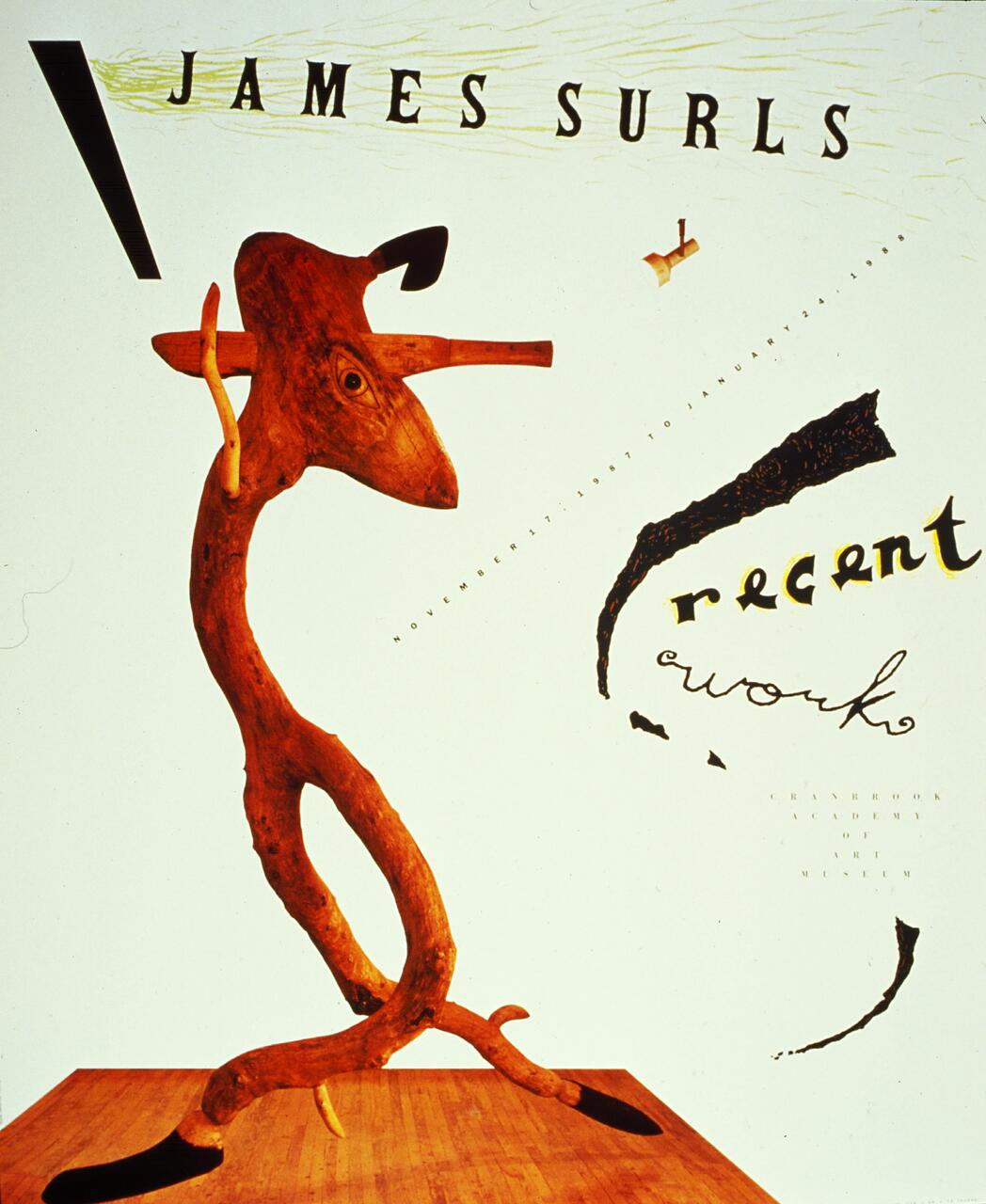 Abstract wooden sculpture with twisting limbs and a carved face, set on a wooden platform. Artistic text and graphics, including "James Surls" and "recent work," surround the sculpture on a light background.