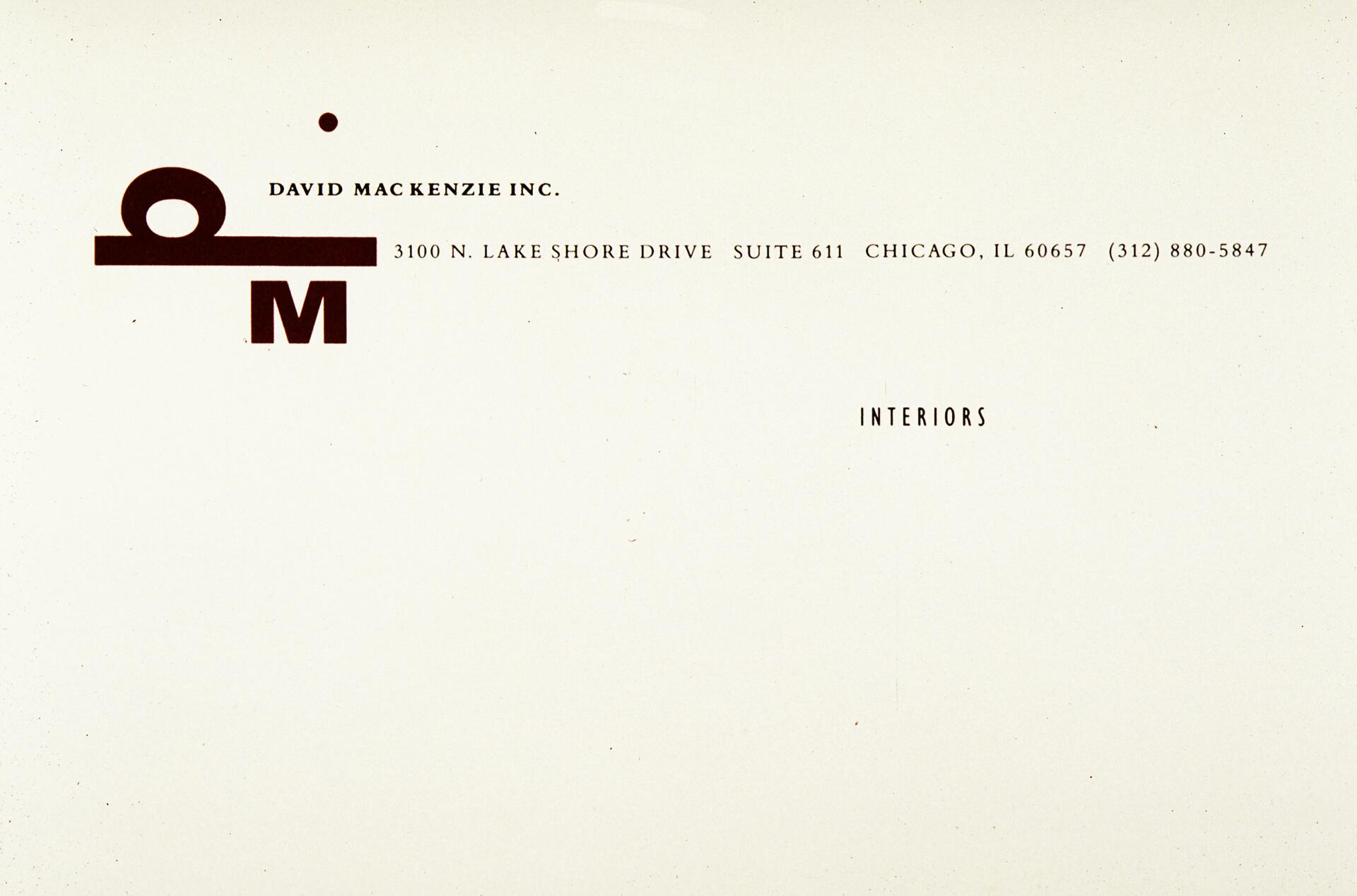 Business card for David MacKenzie Inc., featuring a stylized logo with the letters D, M, and contact details, including an address in Chicago, IL, and a phone number. The word "Interiors" appears on the right.